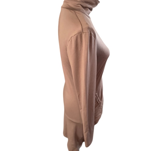 Elegant Brown Turtleneck Ruched Dress Soft Spandex Fabric - Picture 4 of 6